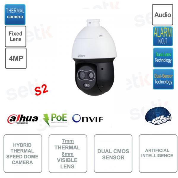 Caméra thermique Speed Dome IP POE ONVIF - 4MP - Objectif visible 8mm - Objectif thermique 7mm - AI