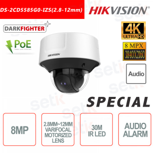 Caméra audio et alarme Hikvision IP POE 8MP 2,8-12 mm à focale variable motorisée IR H.265+ Dôme