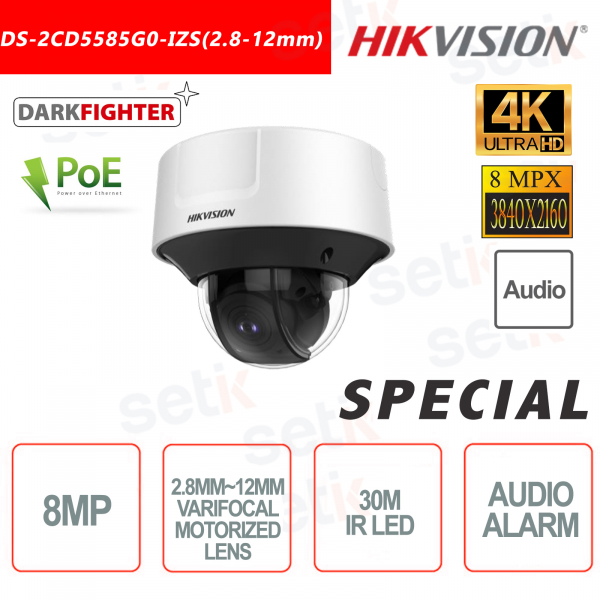 Cámara de alarma y audio IP POE Hikvision 8MP 2,8-12 mm Varifocal motorizada IR H.265+ Domo