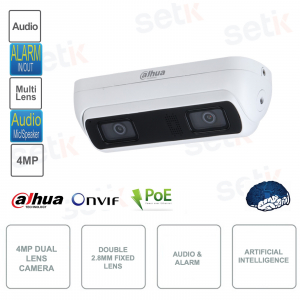 Cámara IP POE ONVIF 4MP - Lente doble 2.8mm - Inteligencia artificial - Audio - Alarma - Micrófono