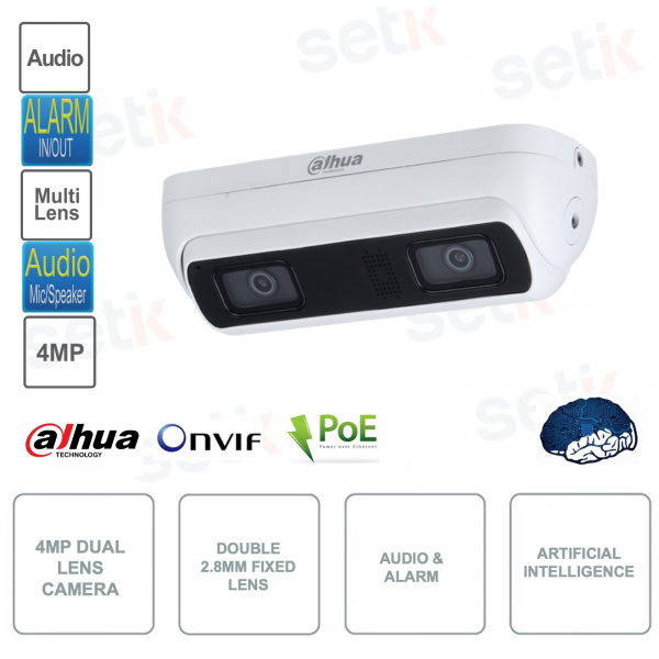 Telecamera IP POE ONVIF 4MP - Doppia ottica 2.8mm - Intelligenza artificiale - Audio - Allarme - Microfono