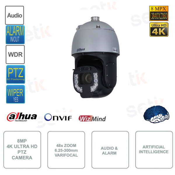 Cámara IP PTZ ONVIF 8MP 4K ULTRA HD - Zoom 48x - 6.25-300mm - Inteligencia Artificial
