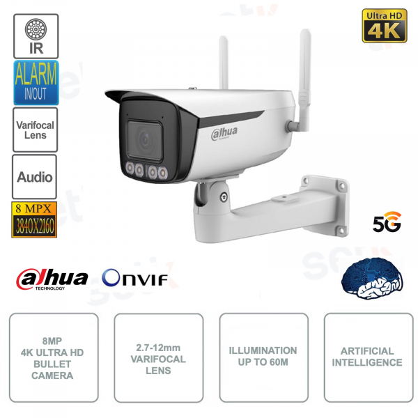 Caméra 8MP 4K IP ONVIF - 2.7-12mm - Intelligence Artificielle - Connectivité 5G - Pour l'extérieur