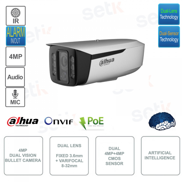 Cámara Bullet IP POE ONVIF - Lente dual y sensor dual 4MP - Fija 3.6mm y varifocal 8-32mm - Inteligencia artificial