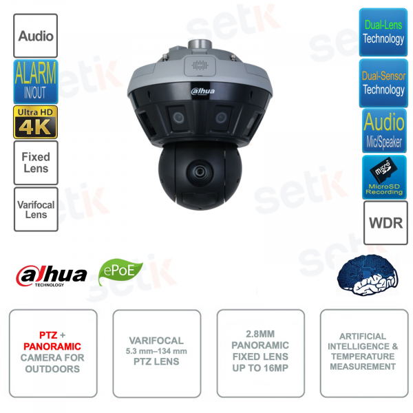 Caméra panoramique et PTZ IP ONVIF 16MP - Double capteur et double objectif - Intelligence artificielle