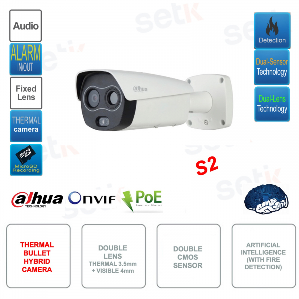 Caméra bullet thermique hybride IP POE ONVIF pour extérieur - objectif thermique 3,5 mm - visible 4 mm - AI - S2