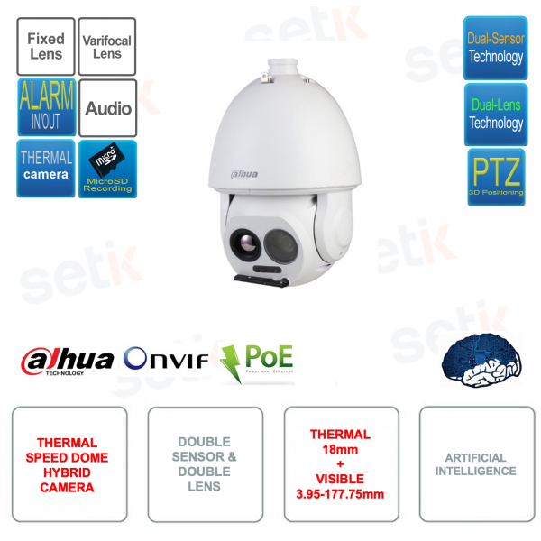 Telecamera termica Speed Dome IP POE ONVIF - Doppio sensore e doppia ottica - Intelligenza artificiale