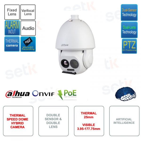 Caméra thermique Speed Dome IP POE ONVIF - Double capteur et double objectif - Intelligence artificielle