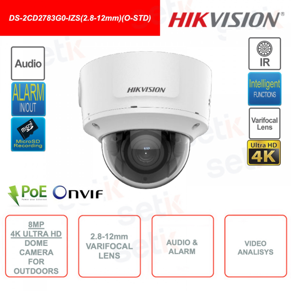 Cámara domo IP POE ONVIF - 8MP 4K Ultra HD - Lente varifocal 2.8-12mm - Análisis de video