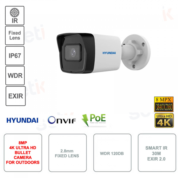 Telecamera Bullet IP POE ONVIF da esterno - 8MP 4K ULTRA HD - Ottica 2.8mm - IP67 - Smart IR 30m EXIR 2.0