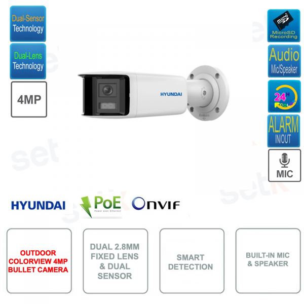 Caméra Bullet ONVIF POE IP - Double capteur - Double objectif 2.8mm - Analyse vidéo - Pour usage extérieur