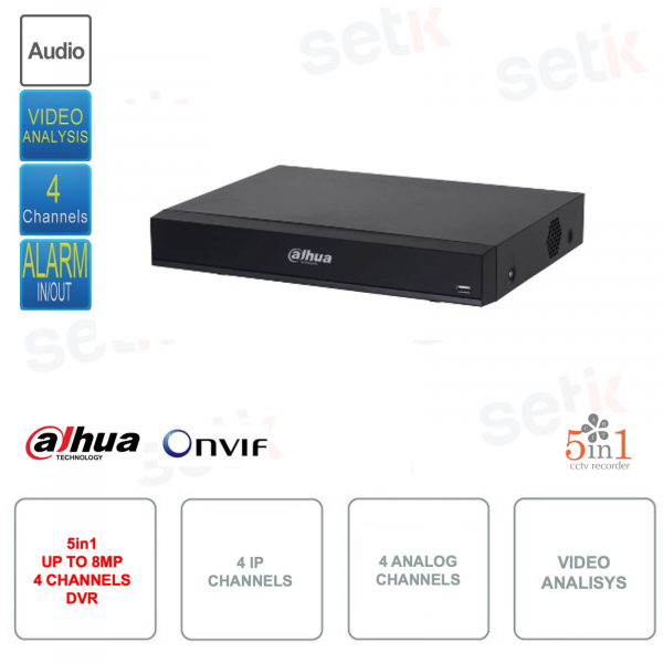 DVR IP ONVIF - 5en1 - Jusqu'à 8MP 4K - 4 canaux IP et 4 canaux analogiques - Audio - Alarme