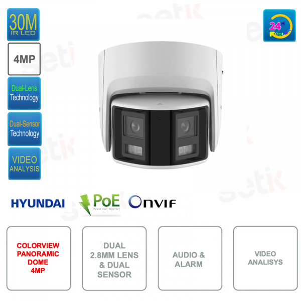 Domo Panorámico IP POE ONVIF - 4MP - Doble sensor y doble lente fija 2.8mm - Video Análisis