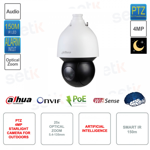 Caméra Starlight PTZ IP POE ONVIF 4MP Full HD - Objectif 5.4-135mm - Zoom optique 25x - Intelligence Artificielle