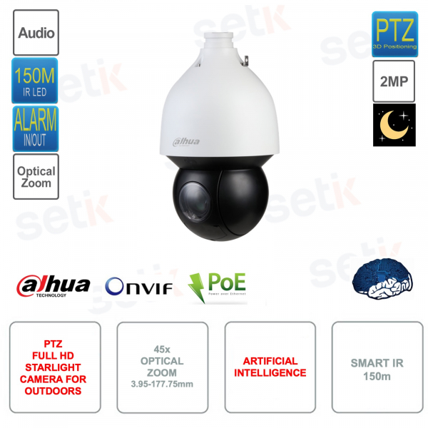 Starlight PTZ IP POE ONVIF 2MP Full HD Kamera – 3,95 mm-177,75 mm 45x – Künstliche Intelligenz