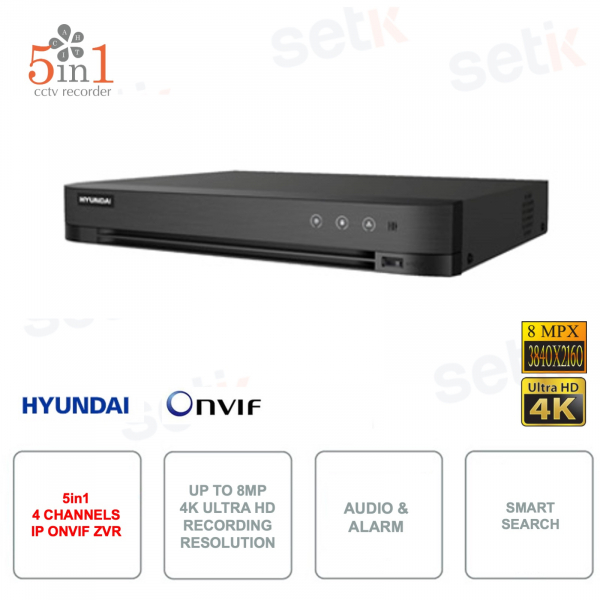 ZVR 5en1 IP ONVIF - 4 canales IP y 4 canales analógicos - Hasta 8MP - Audio - Alarma - Búsqueda inteligente