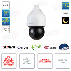 Cámara Starlight PTZ IP POE ONVIF 2MP Full HD - 4.5-144mm 32x - Inteligencia artificial