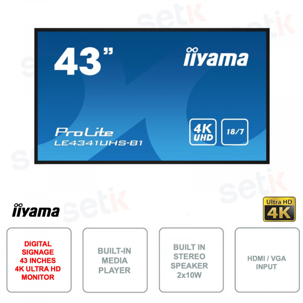43 Inch IPS Monitor - Digital Signage - 4K Ultra HD - HDMI - VGA - Integrated Speakers - Media Player