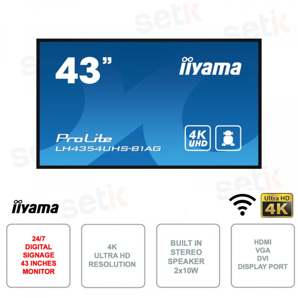 43 inch IPS Digital Signage Monitor - Ultra HD 4K - 8ms - WIFI - HDMI - VGA - DVI - DisplayPort