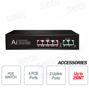 Netzwerk-PoE-Switch 4 Ports + 2 Uplink bis zu 250 Meter 10/100 MBit/s 75 W