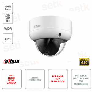 Cámara Domo HDCVI 4K Ultra HD 8MP - 4en1 - Lente fija 2.8mm - Smart IR 40m - Versión S2
