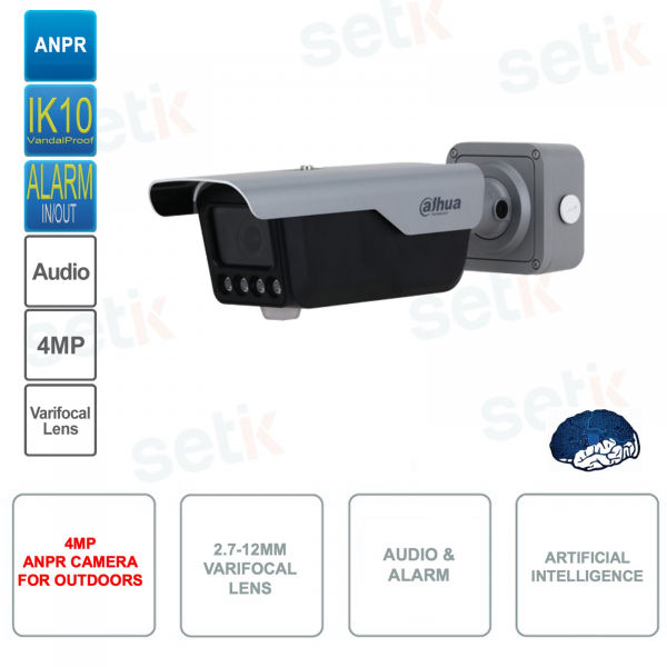 Caméra ANPR IP POE ONVIF 4MP - Objectif 2.7-12mm - Intelligence Artificielle - Pour l'extérieur