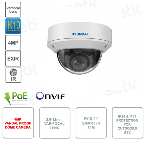Caméra Dôme IP POE ONVIF 4MP - Objectif 2.8-12mm - Smart IR 30m - IP67 et IK10