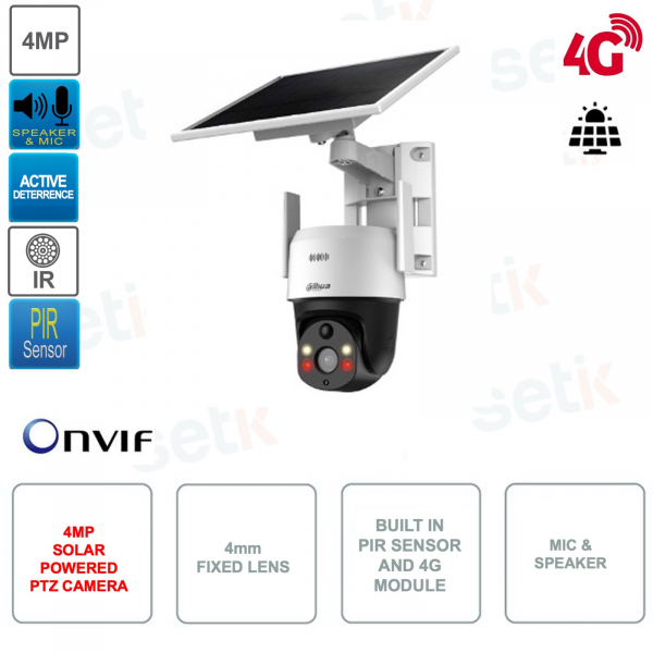 Solar Powered ONVIF IP PT Camera - 4MP - 4mm - PIR - 4G Module - Active Deterrence - Audio