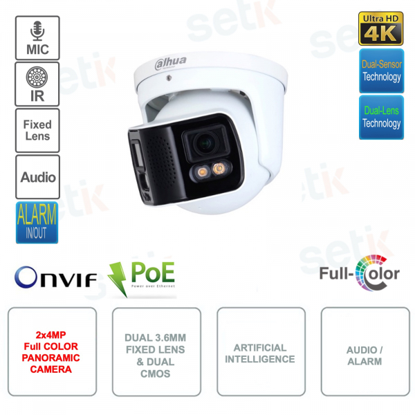 IP POE ONVIF-Panoramakamera – 2 x 4 MP – Doppel-CMOS und doppeltes 3,6-mm-Objektiv – Künstliche Intelligenz