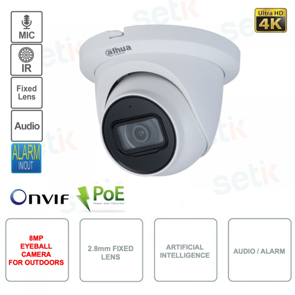 IP POE ONVIF Eyeball 8MP 4K Ultra HD - 2.8mm - Intelligenza artificiale - Da esterno - Versione S3