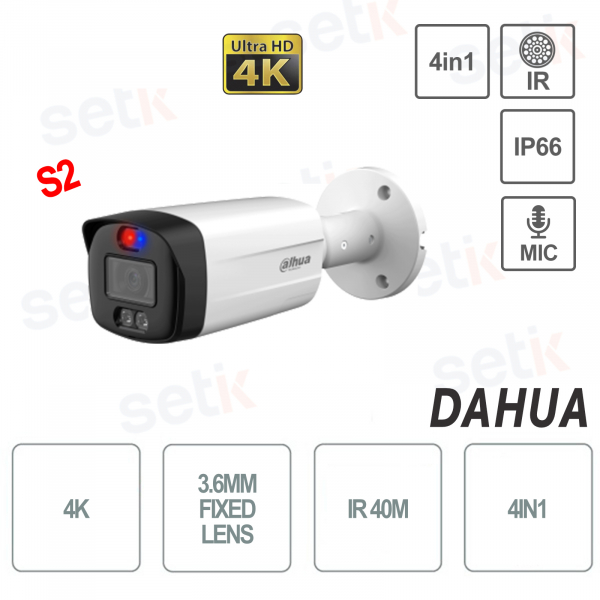 Cámara Bullet Dahua HDCVI TiOC 4K Óptica 3.6mm IR40 IP67 Disuasión activa Micrófono incorporado