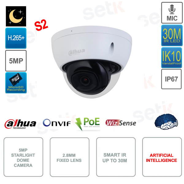Telecamera dome 5MP IP POE ONVIF® - Ottica 2.8mm - Smart IR 30m - Video Analisi - S2 Dahua