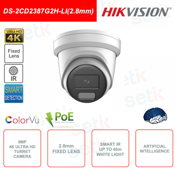 Caméra extérieure Tourelle ColorVu 8MP 4K Ultra-HD IP POE - Objectif 2,8 mm - Intelligence Artificielle