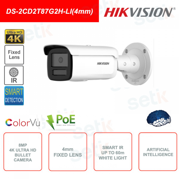 Caméra extérieure Bullet POE IP POE Ultra-HD ColorVu 8MP 4K - Objectif fixe 4 mm - Intelligence artificielle