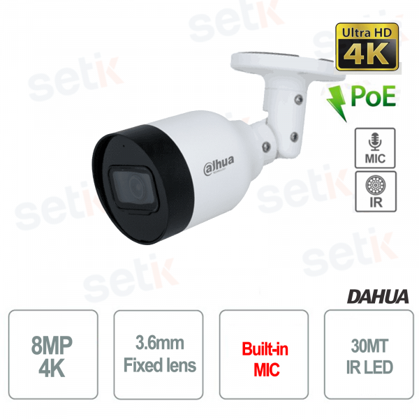 Dahua Caméra IP ONVIF® PoE 8MP 3,6 mm Bullet IR 30M Microphone