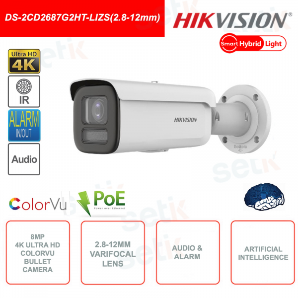 Hikvision ColorVu IP POE Bullet Camera 8MP 4K 2.8-12mm Motorized Smart Hybrid Light IR 60M