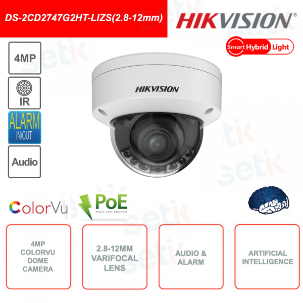 Caméra dôme Hikvision ColorVu IP POE 4MP 2.8-12mm, lumière hybride intelligente motorisée IR 40M