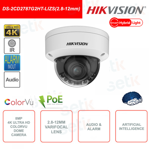 Caméra dôme Hikvision ColorVu IP POE 8MP 4K 2.8-12mm, lumière hybride intelligente motorisée IR 40M