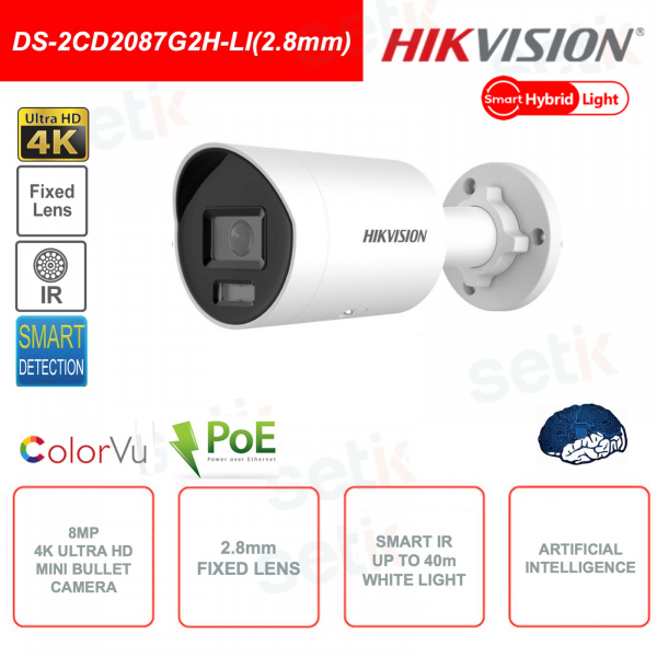 Caméra Bullet Hikvision ColorVu IP POE 8MP 4K 2,8 mm Lumière hybride intelligente IR 40M