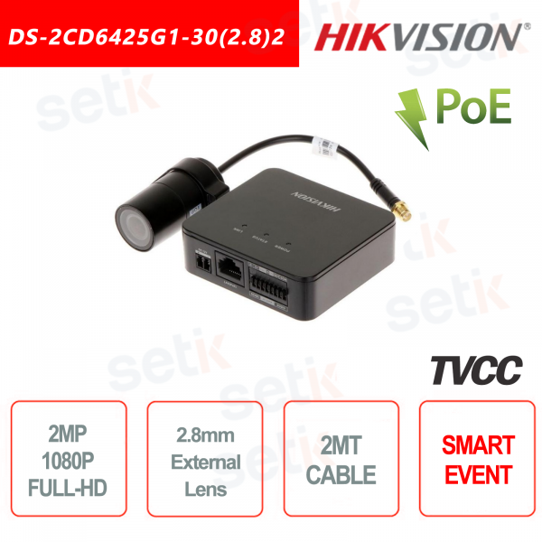 Hikvision IP PoE 2MP FULL-HD 1080P camera with 2.8mm external lens and 2MT cable