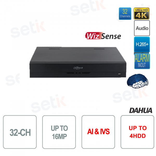 NVR IP 32 Canali 16MP 4K Registratore di Rete AI 256Mbps 4HDD WizSense EI Dahua