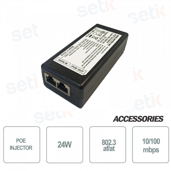 Iniettore PoE Injector 24W 802.3 AF/AT 1x RJ45 PoE + 1x LAN 100Mbps - Setik