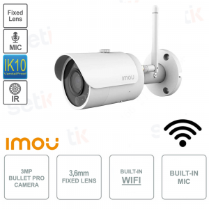 Telecamera Bullet Pro IP ONVIF® 3MP - Ottica fissa da 3.6mm - Microfono - WI-FI - Scocca in metallo - IP67 - IR30m