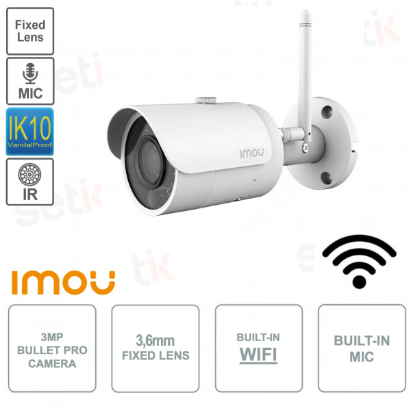 Telecamera Bullet IP ONVIF® 3MP - Ottica fissa da 3.6mm - Microfono - WI-FI - Scocca in metallo - IP67 - IR30m