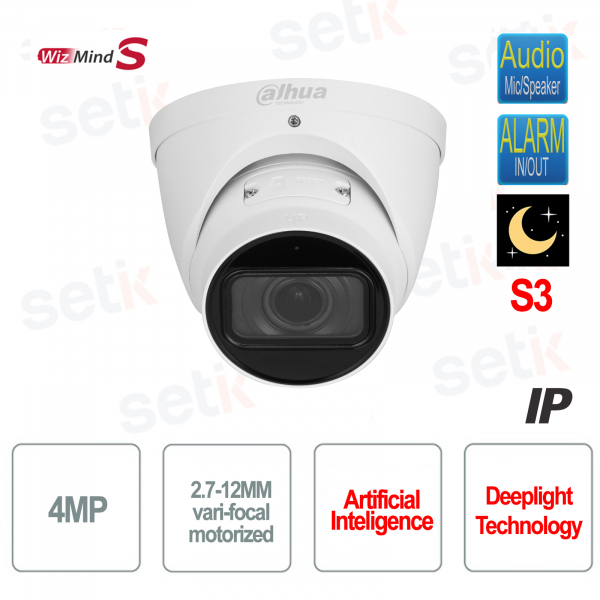 Caméra IP AI ONVIF® PoE 4MP Dôme 2,7-12 mm Motorisé IR 40M Microphone Wizmind S Dahua S3