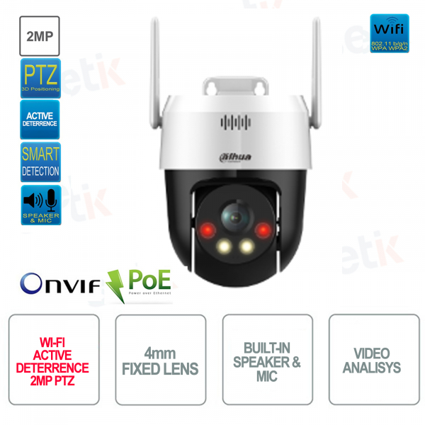 Caméra PT IP POE ONVIF 2MP - 4mm - Dissuasion active - WIFI - Analyse vidéo - S2