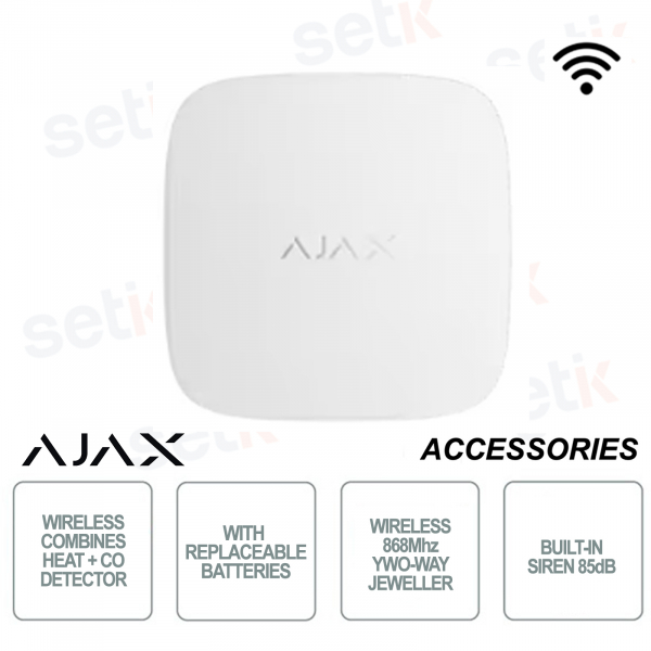Ajax Rilevatore antincendio - Con sensore di calore e di monossido di carbonio - Wireless 868Mhz - Bianco