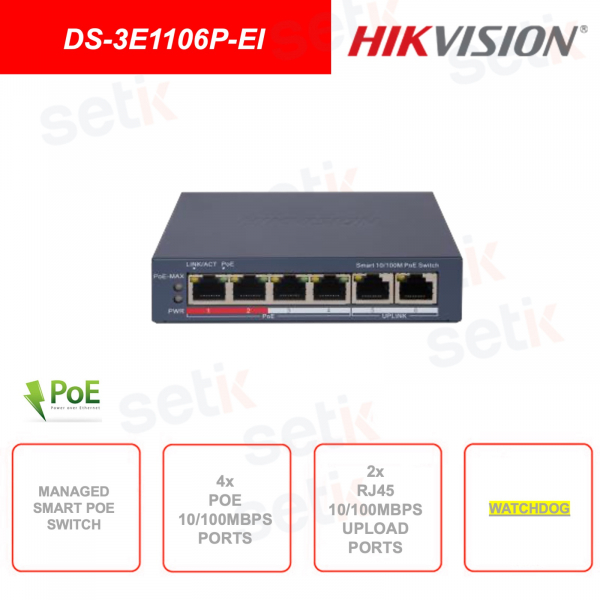Conmutador de red gestionable - 4x puertos PoE 10-100Mbps - 2x RJ45 10-100Mbps - Watchdog