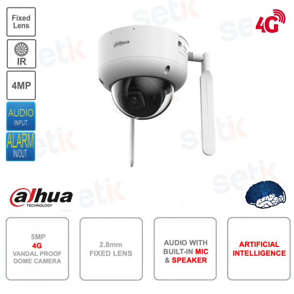 ONVIF IP Dome Camera with 4G - 4MP - 2.8mm Lens - Artificial Intelligence - Microphone - IK10
