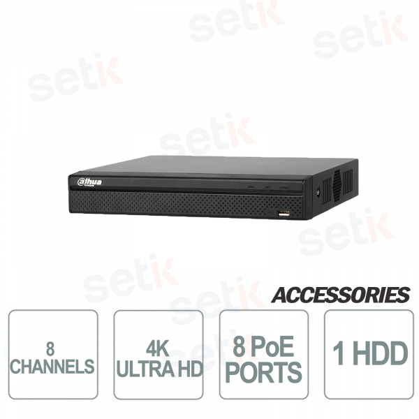 NVR IP 8 Canales 8 puertos PoE+ H.265+ 4K ULTRA-HD hasta 12 MP Dahua